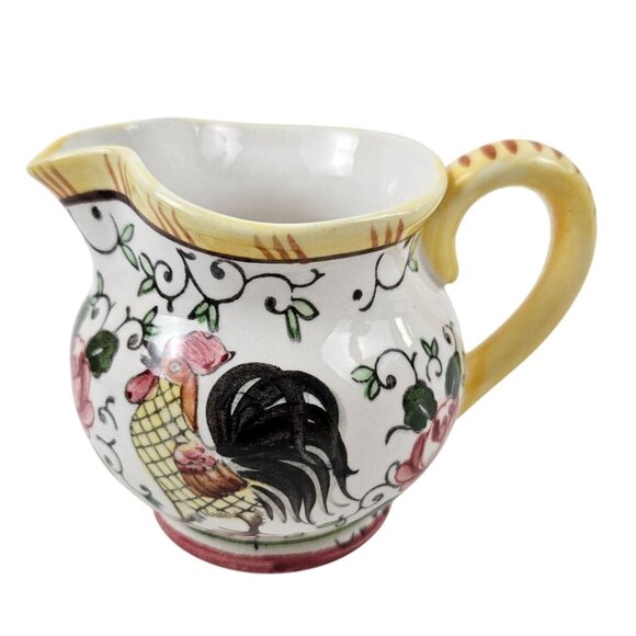 Vintage Early Provincial Hand Painted Ceramic Creamer Pitcher Roosters Roses - Picture 1 of 10